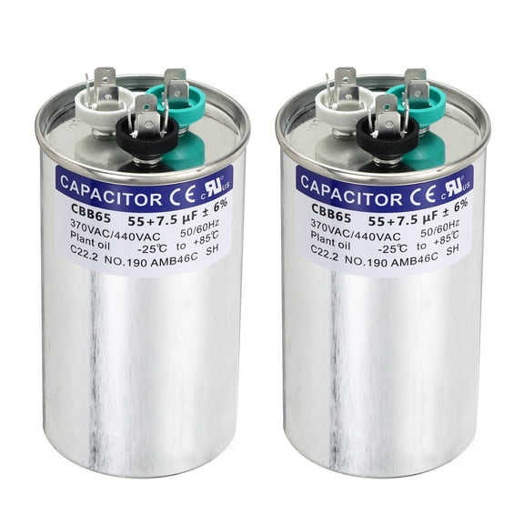 Uxcell 2Pcs 55 7.5MFD CBB65 Run Start Capacitor 55 7.5uF, 370/440V Round AC Capacitor for AC Motor Run, HVAC, Air Conditioner, Condenser Motors