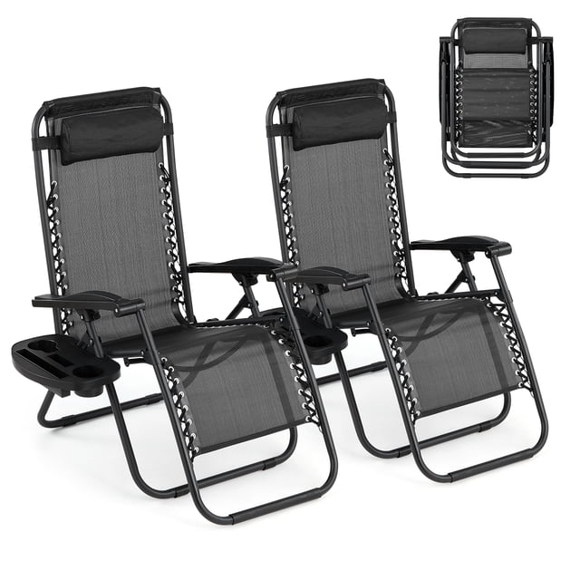 Set of 2 Folding Patio Lounge Chairs, Adjustable Reclining Chaise Loungers with Cup Holder Tray and Removable Headrest for Poolside, Beach and Backyard