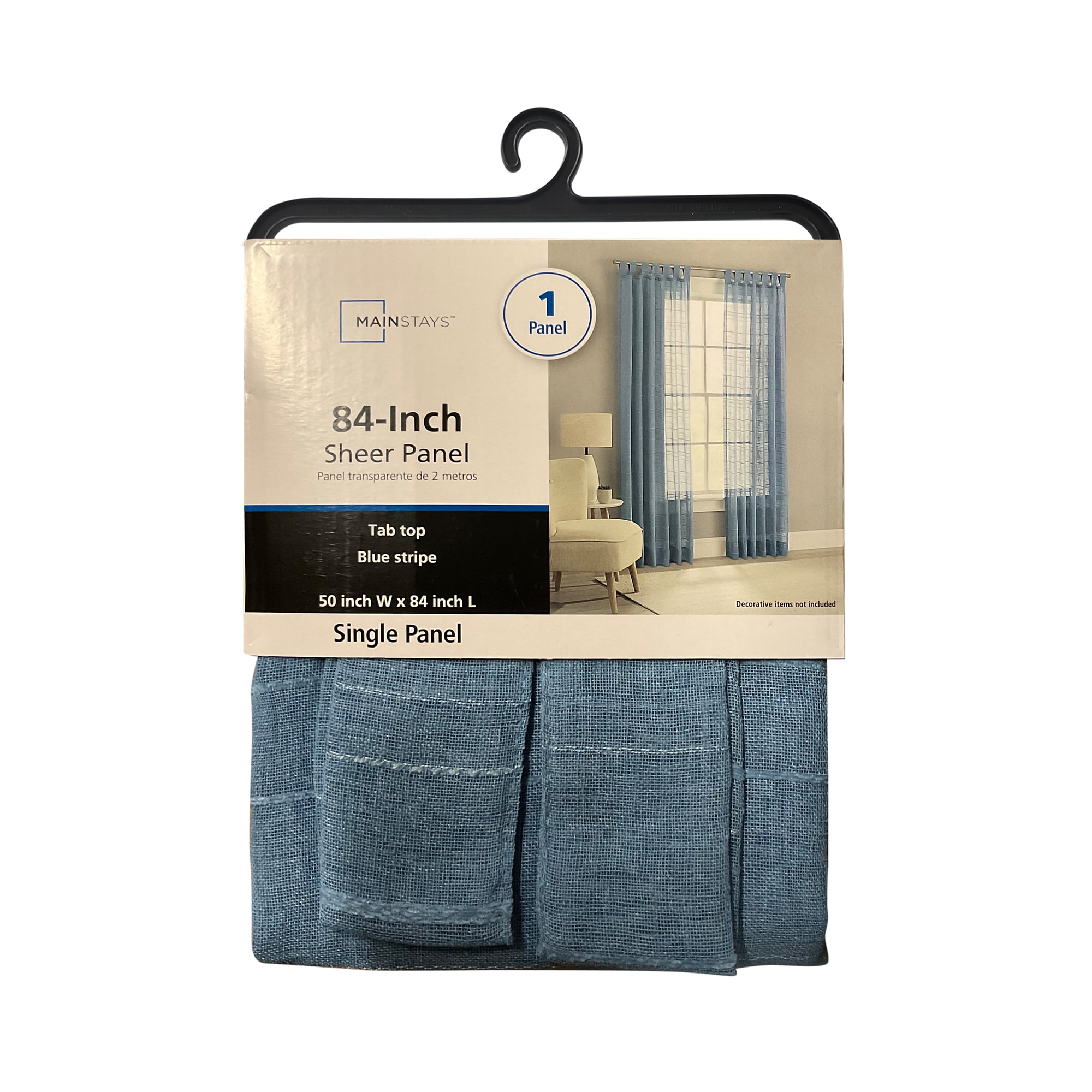Mainstays Woven Stripe Sheer Tab Top Curtain, Single Panel, Blue, 50" W x 84" L