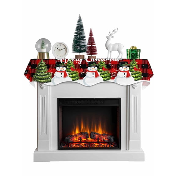 Christmas Snowman Mantel Scarf Fireplace Decorations for Living Room, Red Black Plaid Xmas Trees Snowflake Fireplace Mantel Scarf Cover Runner for Halloween/Thanksgiving/Christmas Decor 60"x17"