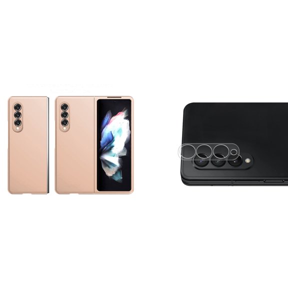 Bemz Accessory Bundle for Galaxy Z Fold 3 5G: Slim Rubberized Matte Snap On Case (Rose Gold Pink), Rear Camera Glass Screen Protector
