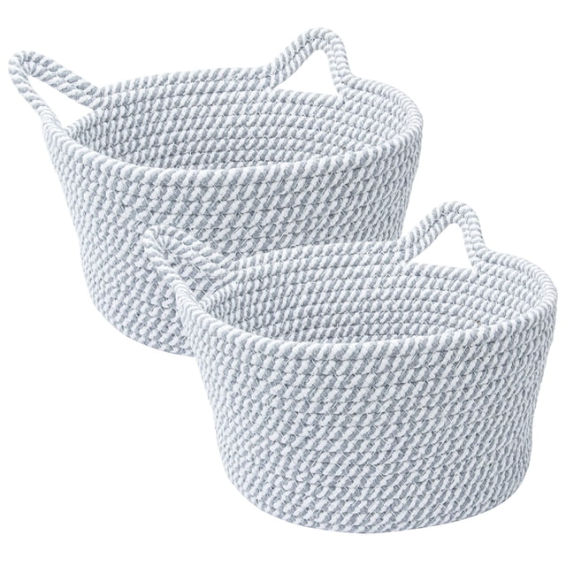 cestas de almacenamiento decorativas lindo organizador de almacenamiento cesta de cuerda de algodón con forma de gato juego de dos cestas multicolor en vista frontal 3/4 con tejido trenzado bicolor, borde redondeado y asas en forma de orejas de gato, ideales para guardar juguetes, bocadillos o artículos pequeños en dormitorios y salas.
