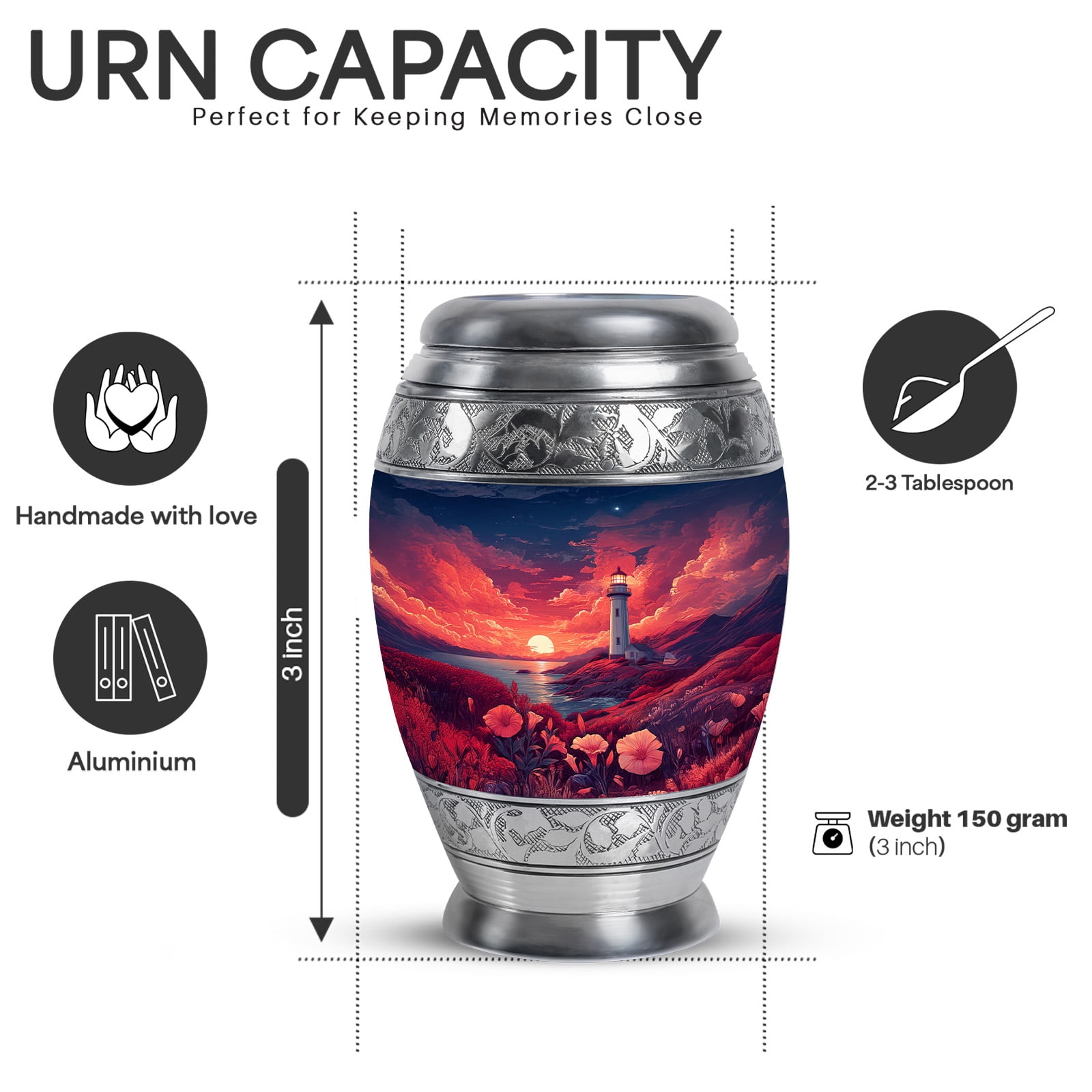Yatskia Sunset Lighthouse Small Cremation Urns for Human Ashes Adult Men and Women, Large Memorial Urn for Ashes Adult, (Monar 10 Inch and 3 Inch)