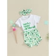 thumbnail image 3 of Bslissey Baby Girls 3Pcs Festival Outfits Short Sleeve Letter Print T-shirt + Shamrock Pattern Shorts + Headband 6M 12M 18M 24M Infant Toddler Casual Daily Clothes, 3 of 9