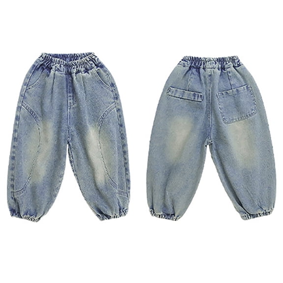 Girls' Jeans Elastic High Waist Wide Leg Baggy Casual Cute Pants 3-4 Years