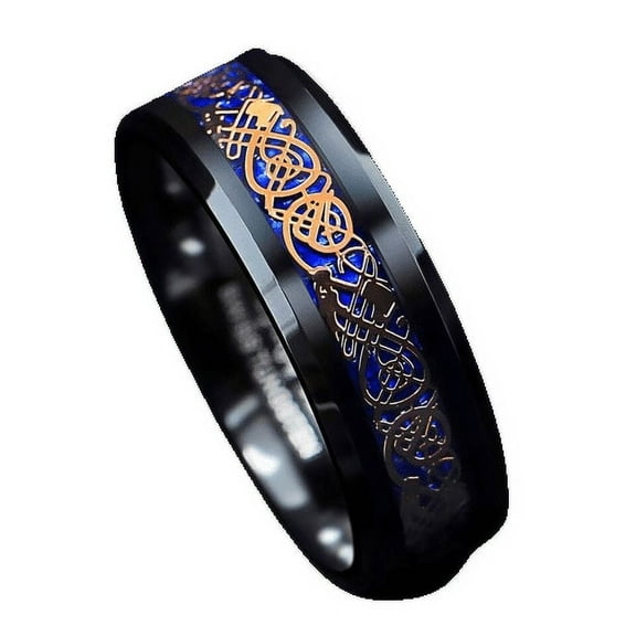 Tungsten Rings for Men Wedding Bands for Him 8mm Rose Gold Celtic Dragon Blue Carbon Fiber