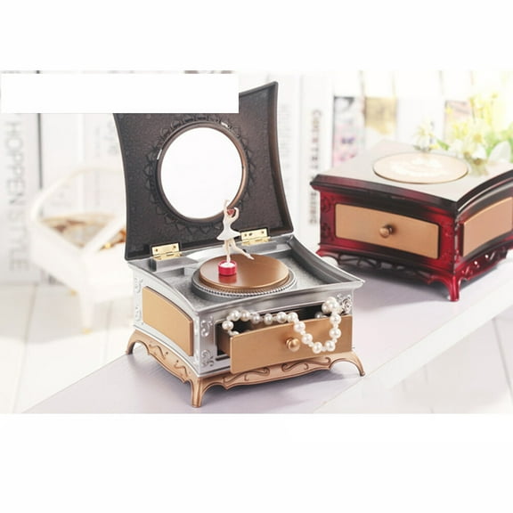 LULULION Golden Music Box Jewelry Box with Classical Dresser Style Mirror and Three Dimensional Storage