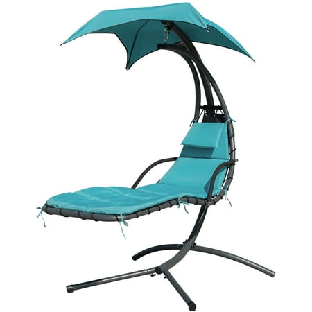Finether Hanging Chaise Lounge Chair Outdoor Indoor Hammock Chair Swing With Arc Stand Canopy And Cushion For Patio Beach Bedroom Yard Garden Nail