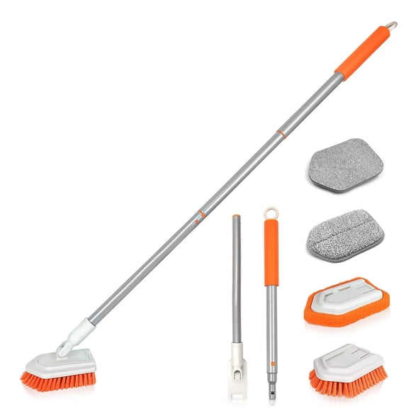 JEHONN Brosse à Récurer pour Baignoire 4-en-1 avec Long Manche, Brosse de Nettoyage de Douche Améliorée, Tête d'Accessoires à Brosse à Récurer à 4 Fonctions Différentes pour Salle de Bain, Baignoire, Plancher, Mur, Plinthe