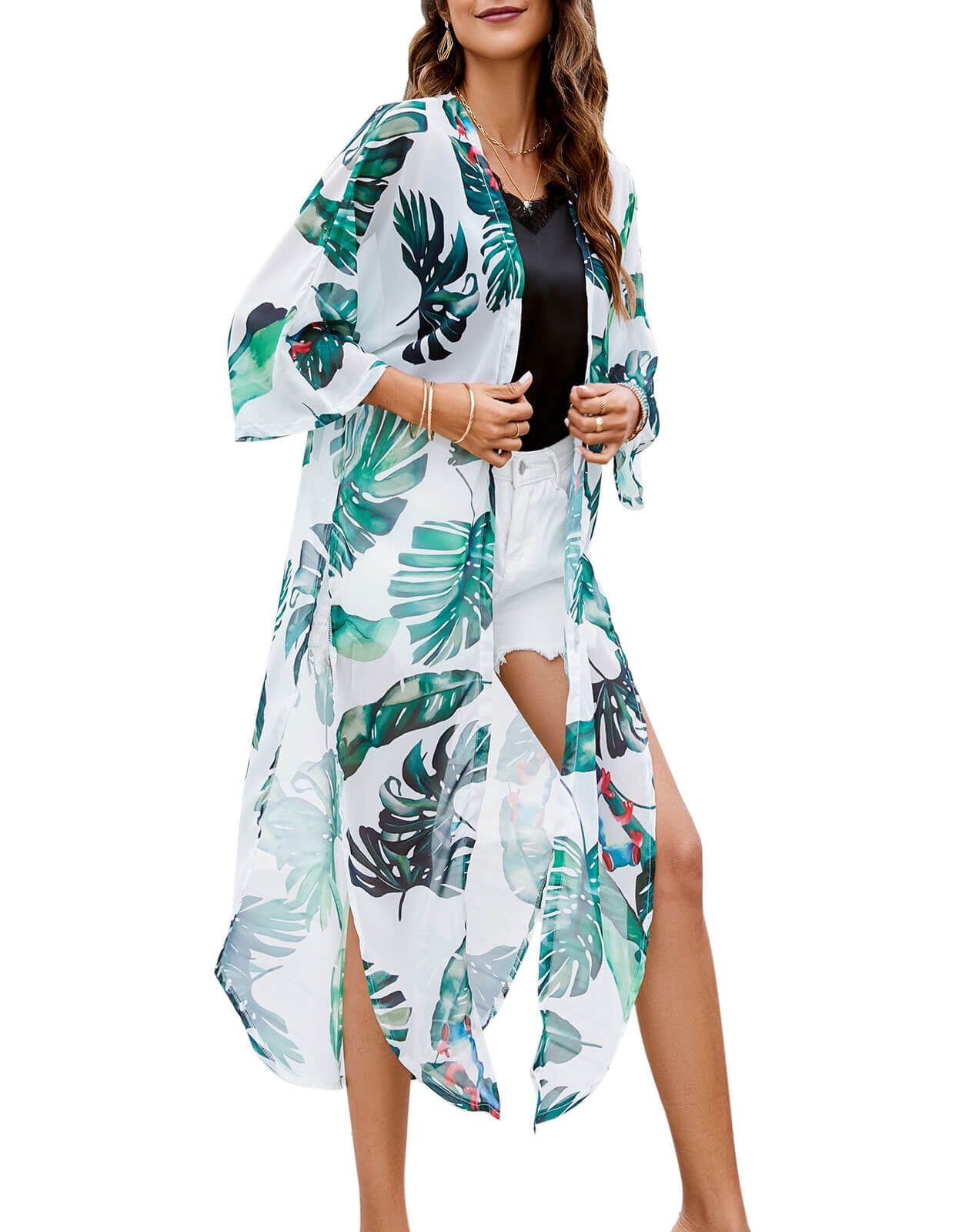 Cogild Women Cover Ups Swimwear Flamingo Print High Slit Kimono