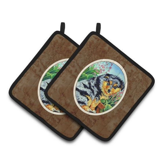 Carolines Treasures 7045PTHD Australian Shepherd Puppy Pair of Pot Holders , 7.5HX7.5W, multicolor