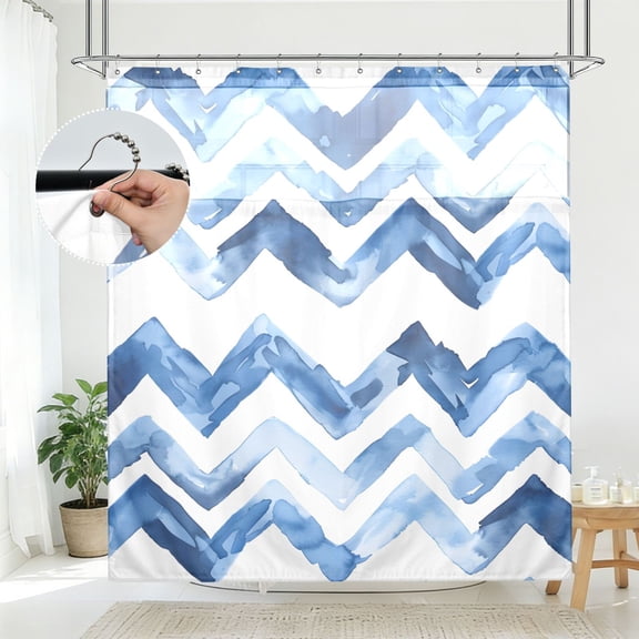BZSMCE Blue Watercolor Chevron Pattern Pattern Bathroom Shower Curtain Set with Hooks Waterproof Double Layer Fabric 72×78 Inch