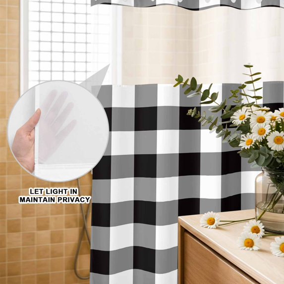 No Hook Shower Curtain with Built-in Rings - Black White Checkered Plaid Washable Waterproof Fabric Bathroom Curtains for Hotel,Rentals, 72X 96 Inch Extra Long , Rustic Farmhouse Pattern