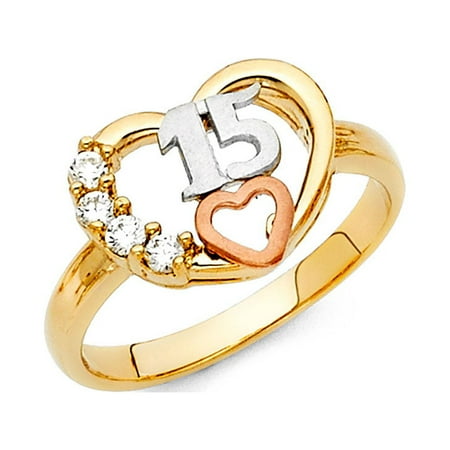 Quince 15 Ring Heart Solid 14k Yellow White Rose Gold Band CZ Quinceanera Stylish Tri Color, Size 7