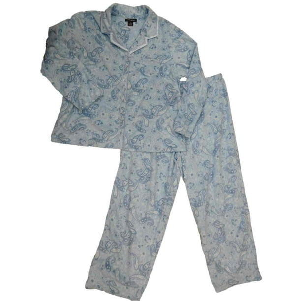 Earth Angel Womens Blue Fleece Button Top Pajamas Paisley Print Sleep