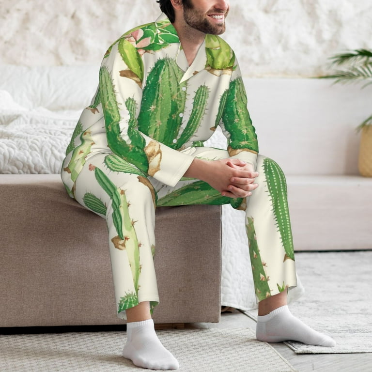 Susaid Cactus And Succulent Print Men's Long Sleeve Pajama Set