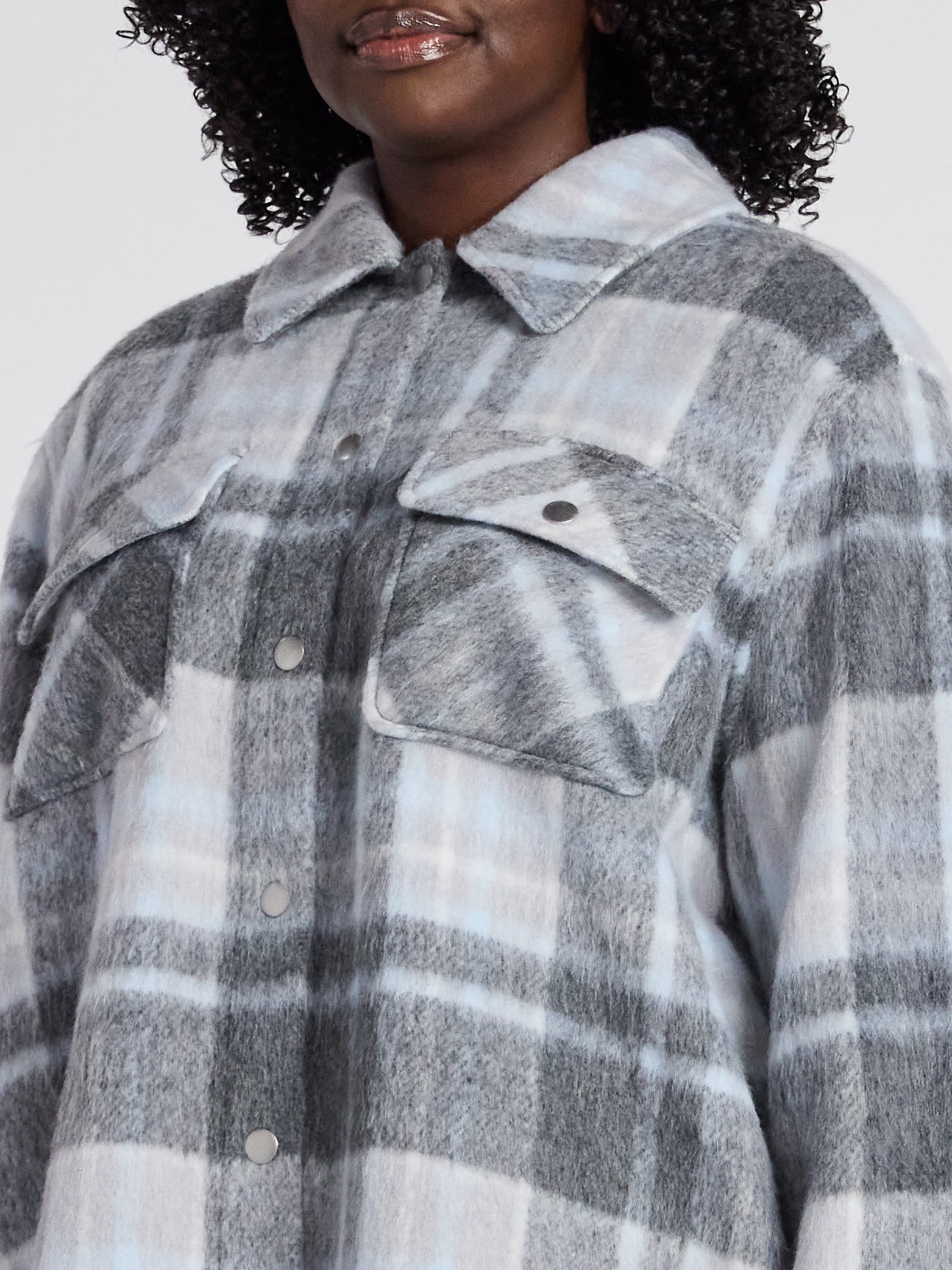Terra & Sky Women's Plus Longline Brushed Plaid Shacket, Midweight, Sizes 0X-5X