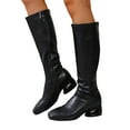 thumbnail image 3 of Women Knee High Stretched Leather Boots Round Toe Side Zipper Mid Calf Boots, 3 of 8