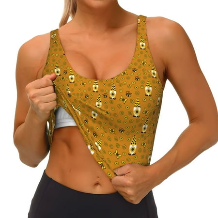 Qokaie Honey Bee Gnomes Pattern Womens Scoop Neck Sports Bra Breathable Workout Vest Padded U Back Medium Impact Fitness Gym Yoga Bra Workout Crop Top