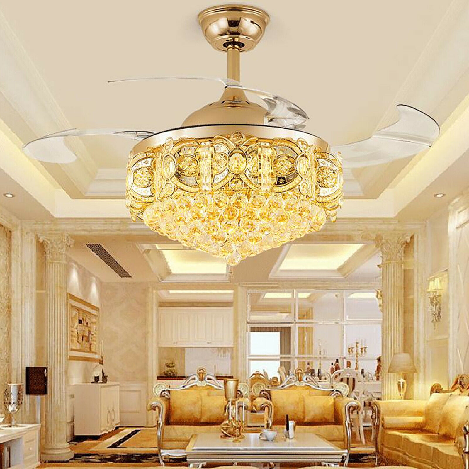 Modern 42" Crystal LED Invisible Ceiling Fan Chandelier Lamp Light Led Lighting W/Remote Gold for 8-25㎡, Living Room, Ding Room, Bedroom