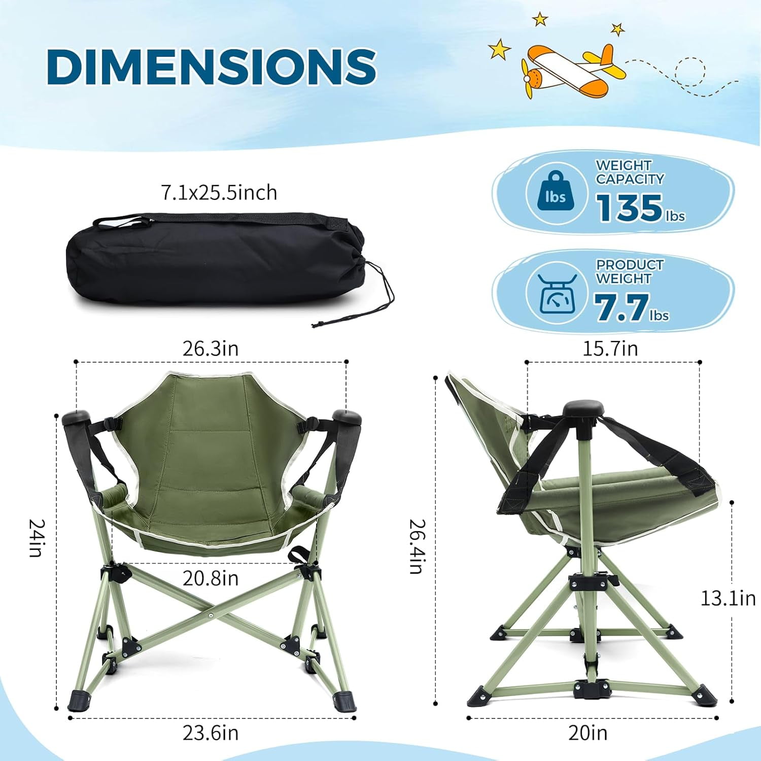 Kids Hammock Chair with Stand, Adjustable Folding Portable Chair for Camping Travel and Patio, Green, Supports 135 Lbs