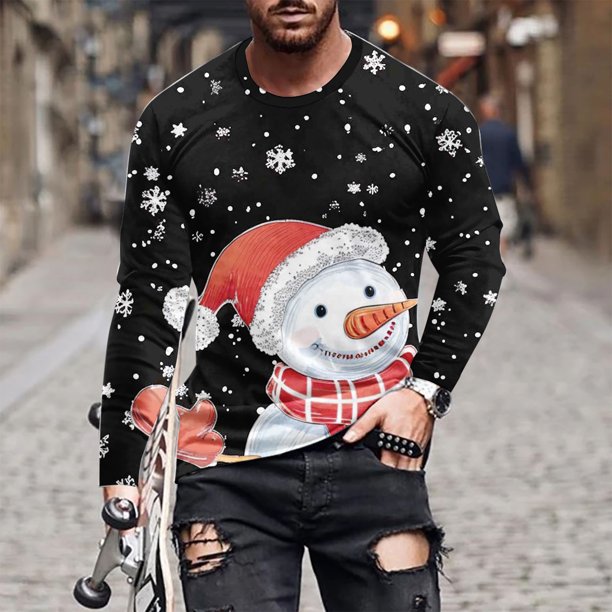 Blusas y camisas de manga larga y cuello redondo para hombre, informales, a la moda, con estampado navideño, cuello redondo, blusas de licra de manga larga para hombre.