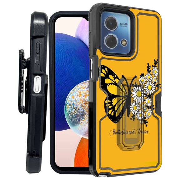 ANJ  Rugged Shockproof Kickstand Hybrid Case with Card Slot and Holster   Tempered Glass Cover for Motorola Moto G Stylus 5G (2023) - Butterfly Daisy