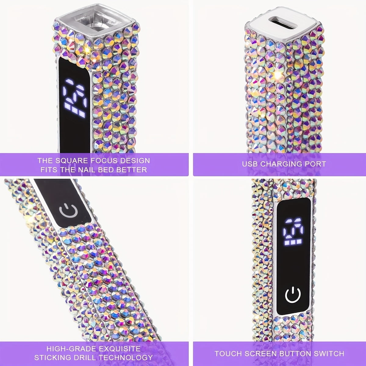 PRYZUNA Mini Crystal LED UV Nail Lamp – Portable Gel Polish Dryer with Touch Timer, USB-C Rechargeable Design with Rhinestone Finish