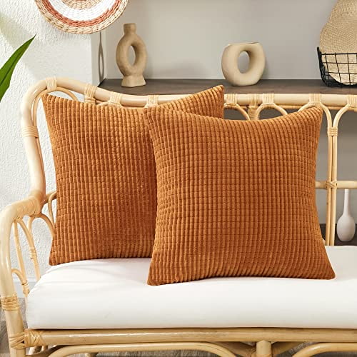 Deconovo Pack of 2, Decorative Throw Pillow Cover with Stripes, 22x22 Inch, Orange, Solid Color Soft Corduroy Cushion Covers, Machine Washable Pillowcases for Bedroom