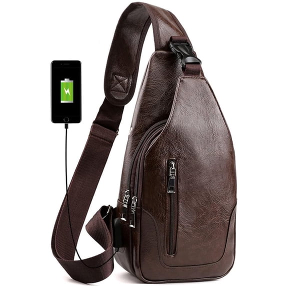 Djiypn Crossbody Sling Bag Men Women, Small PU Leather Casual Shoulder Backpack, Chest Daypack Satchel for Outdoor Hiking Travel, Coffee