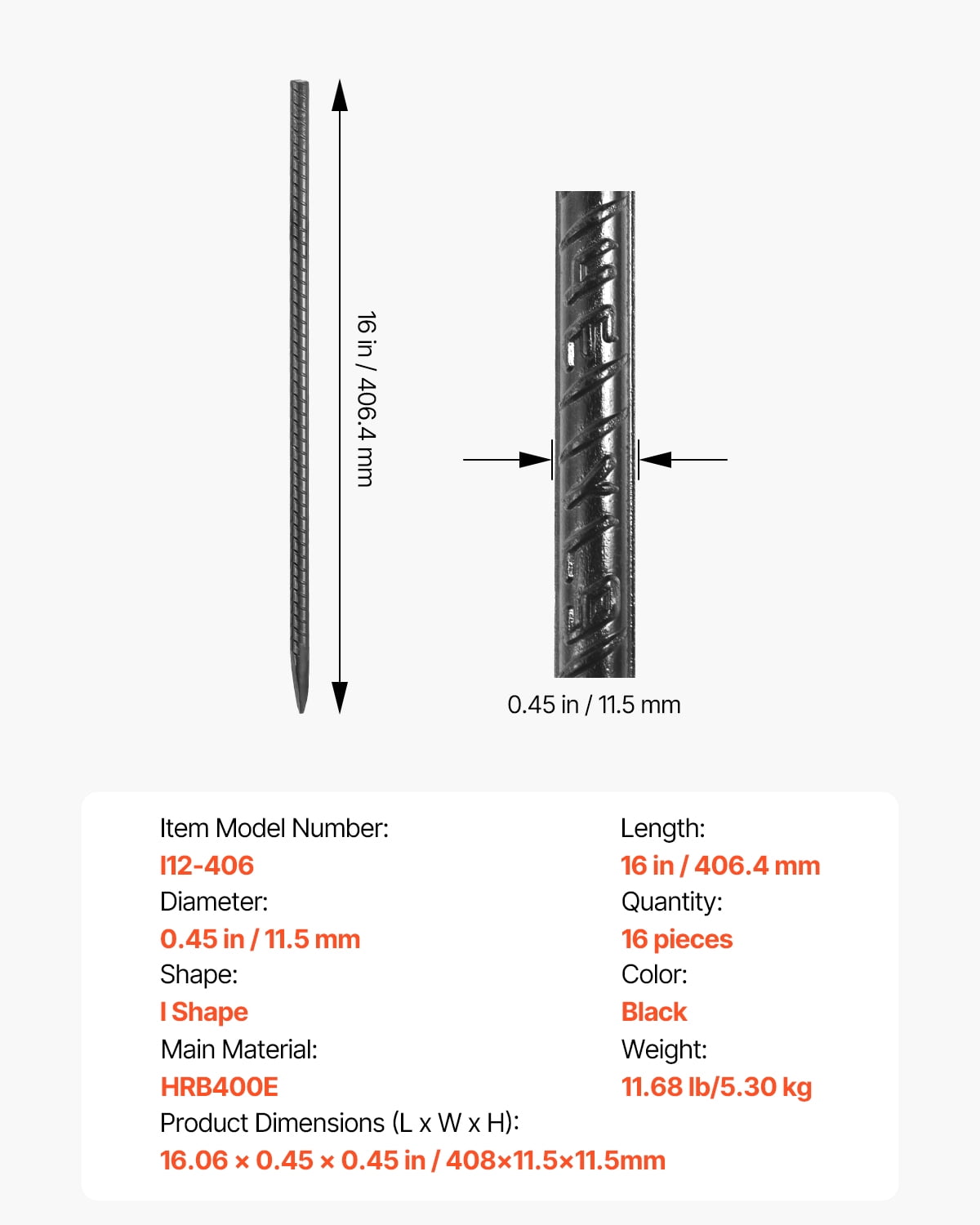 VEVOR Rebar Stakes, 16-Inch, Heavy-Duty 0.45 in Diameter, Straight Galvanized Steel Ground Anchors with Chisel Point End & Rust-Resistant Coating, for Gardening Support, Fence, Camping Tents