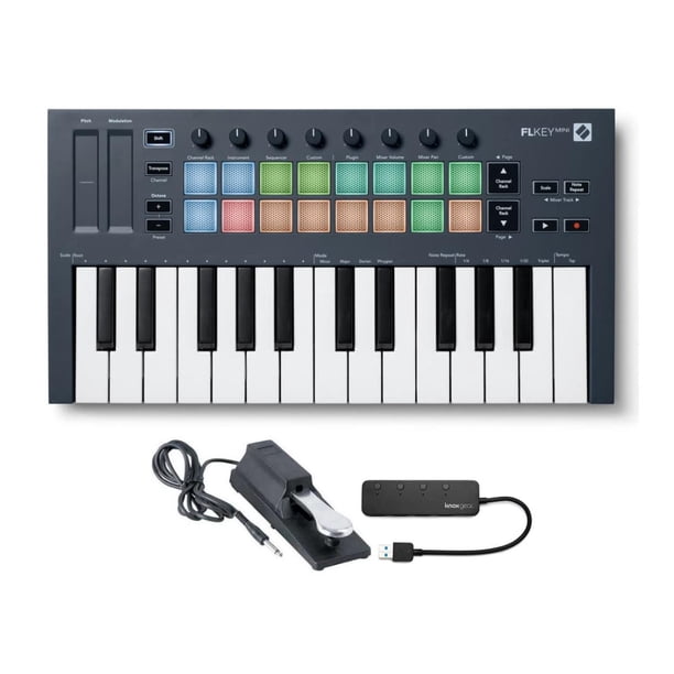 Novation FLkey Mini driver de teclado MIDI de 25 teclas para FL Studio Bundle con pedal de sustain y