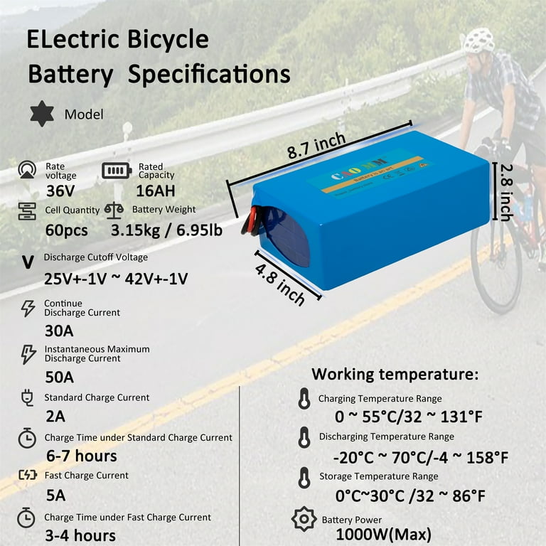 36 volt electric bicycle battery 36v 16ah Lithium Battery Without Charger T-Plug 36Volt Ebike Battery for 1000w Electric Bike, Size: As picture shown, Blue