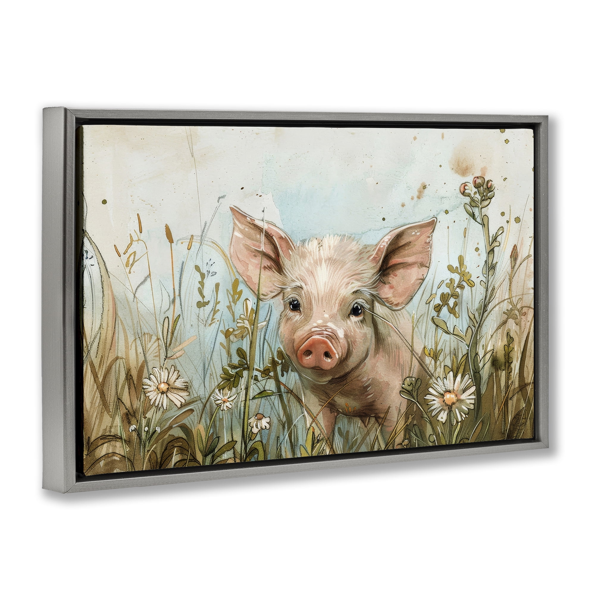 Stupell Industries Piglet Among Flowers Animals & Insects Painting Gray Floater Framed Canvas Art Print Wall Art, 25 x 17