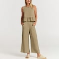 thumbnail image 6 of MSJUHEG Two Piece Outfits For Women Fall Outfits 2 Piece Outfits Sleeveless Ruffle Tank Crop Top & Wide Leg Pants Set With Pockets Linen Pants Beige L, 6 of 8