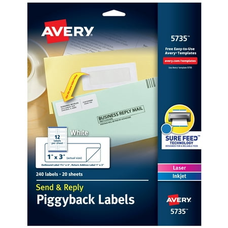 UPC: 0072782057350 | Avery Send & Reply Piggyback Mailing Labels  Sure Feed Technology  1-5/8  x 4  Outer  1  x 3  Inner  240 Labels (5735)