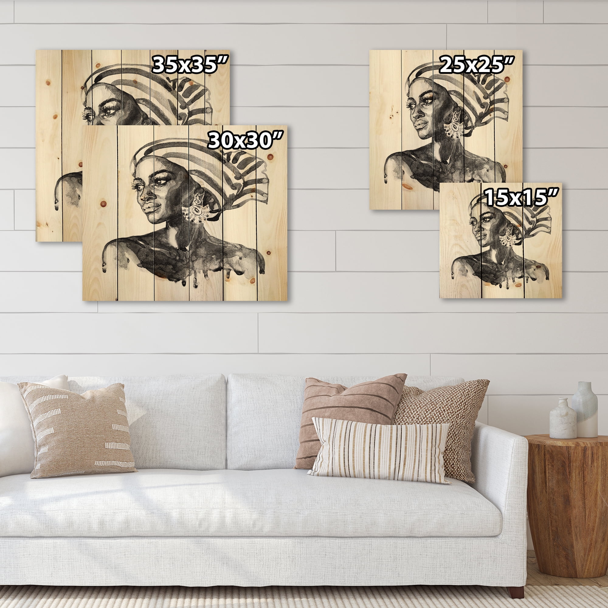 Designart 'Portrait of Afro American Woman XII' Modern Print on Natural Pine Wood