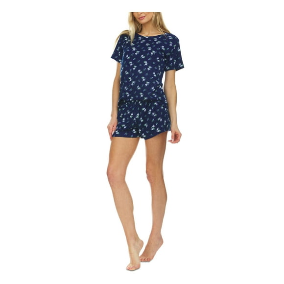 FLORA Sets Navy Knit Ribbed Floral Short Sleeve Round Neck T-Shirt Everyday Size L