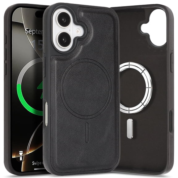 ELEHOLD Case for iPhone 16, Anti-Scratch Magnetic Leather Case Shockproof Cover,Black