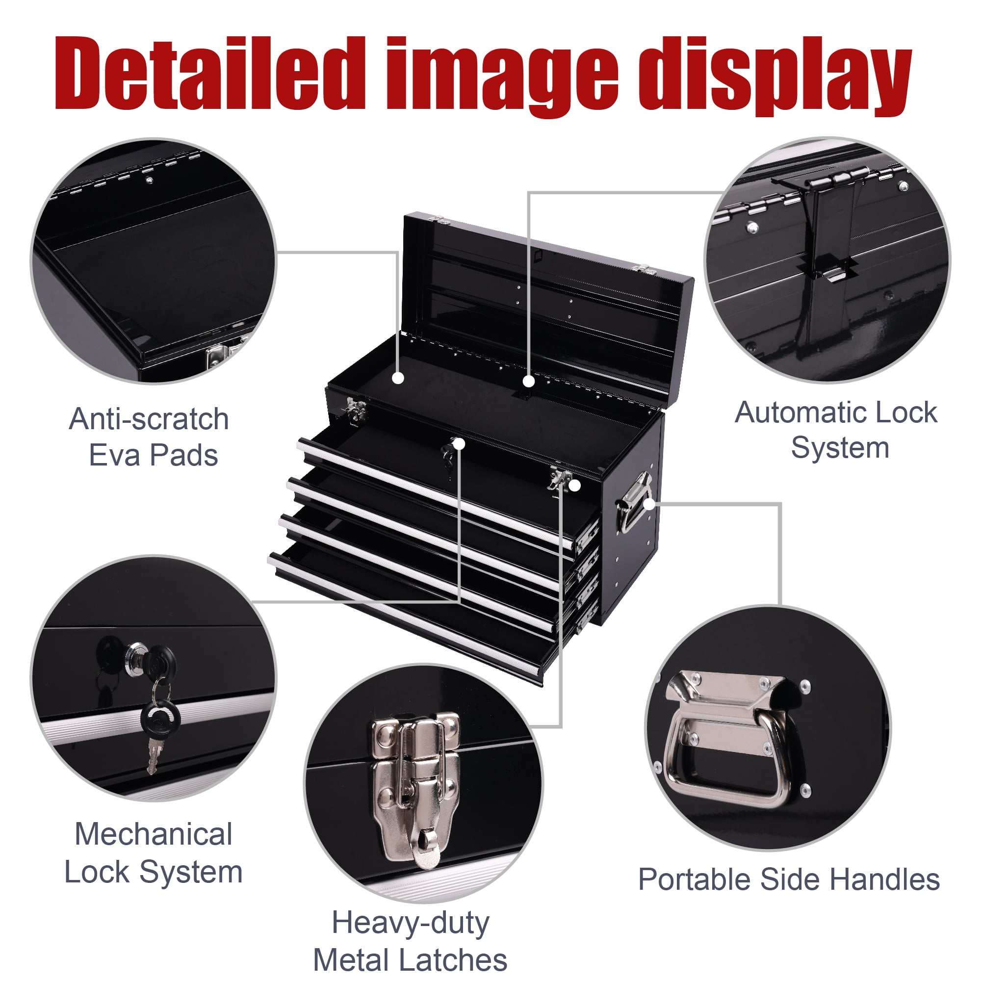 Aukfa Tool Box, 21 in Steel 4-Drawer Toolbox with Automatic Lock System for Garage, Black