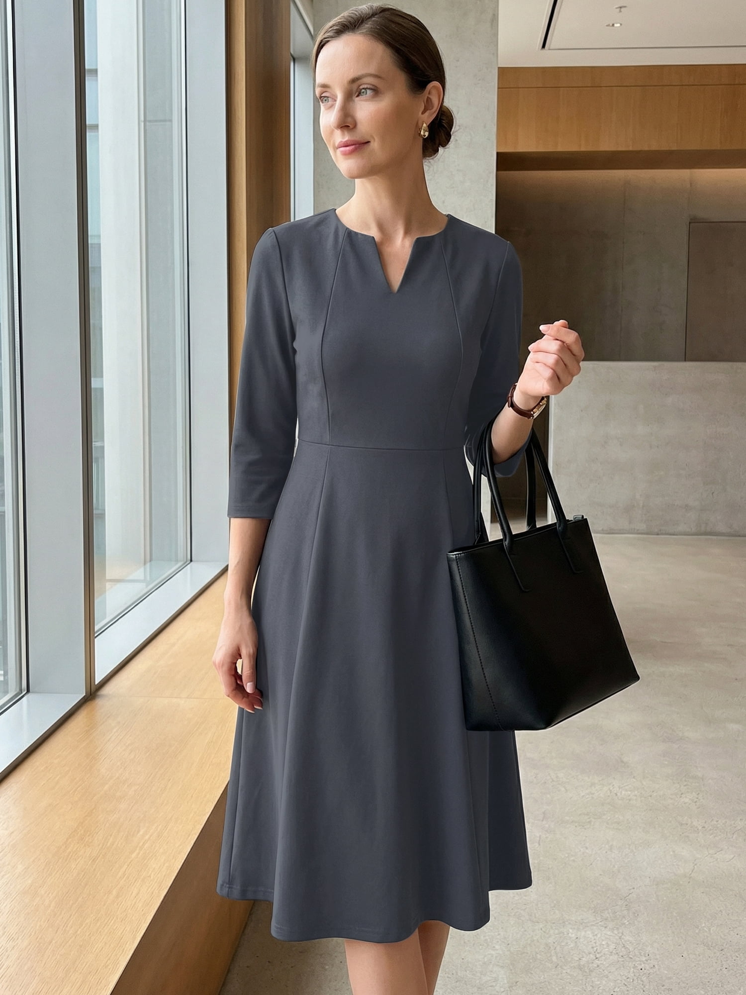 DARING DIVA Women's 3/4 Sleeve V Neck A-Line Midi Dress with Pockets XL Dark Grey