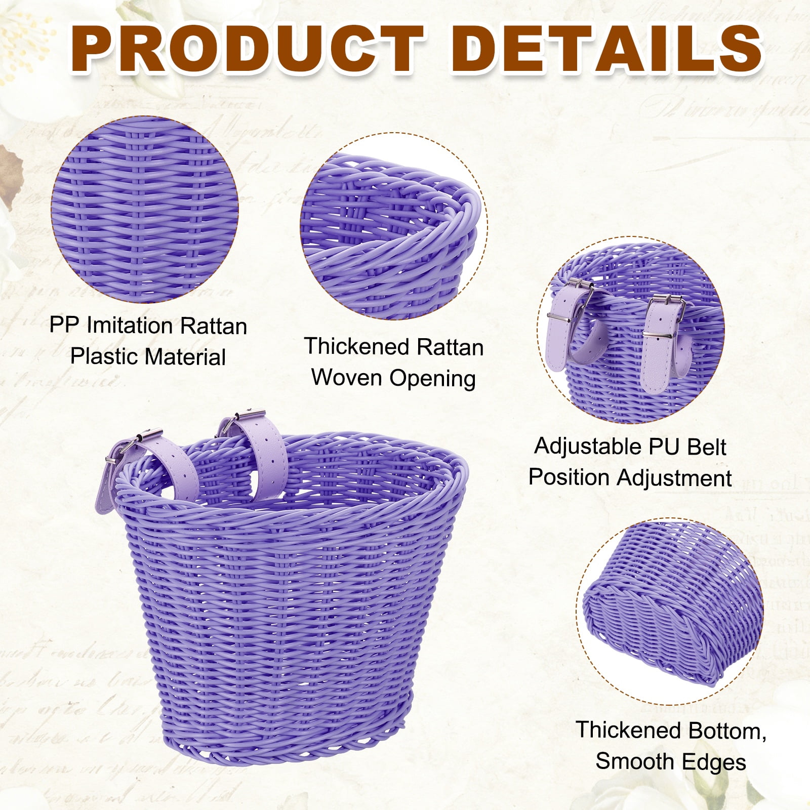 Uxcell Bike Basket Front, Hand-Woven Bicycle Basket with Adjustable PU Belts 1 Pack & Purple-Fitting For(Most Road Bikes, Bicycles/Scooters)