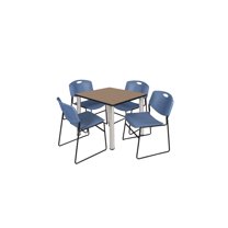 Regency Kee 36" Square Breakroom Table- Noble Oak/ Chrome & 4 Zeng Stack Chairs- Blue