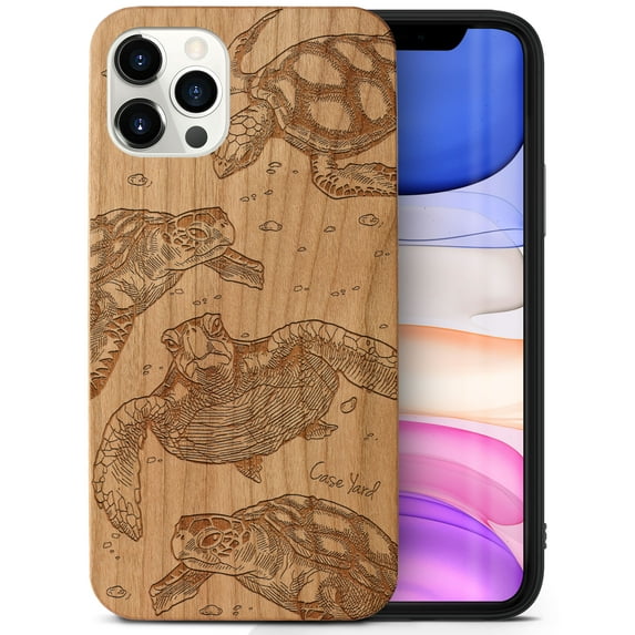 Case Yard Wooden Case Outside Soft TPU Silicone, Slim Fit Shockproof Wood Protective Phone Cover for Girls Boys Men and Women, Supports Wireless Charging Tortugas Design case for iPhone-12-Pro-Max