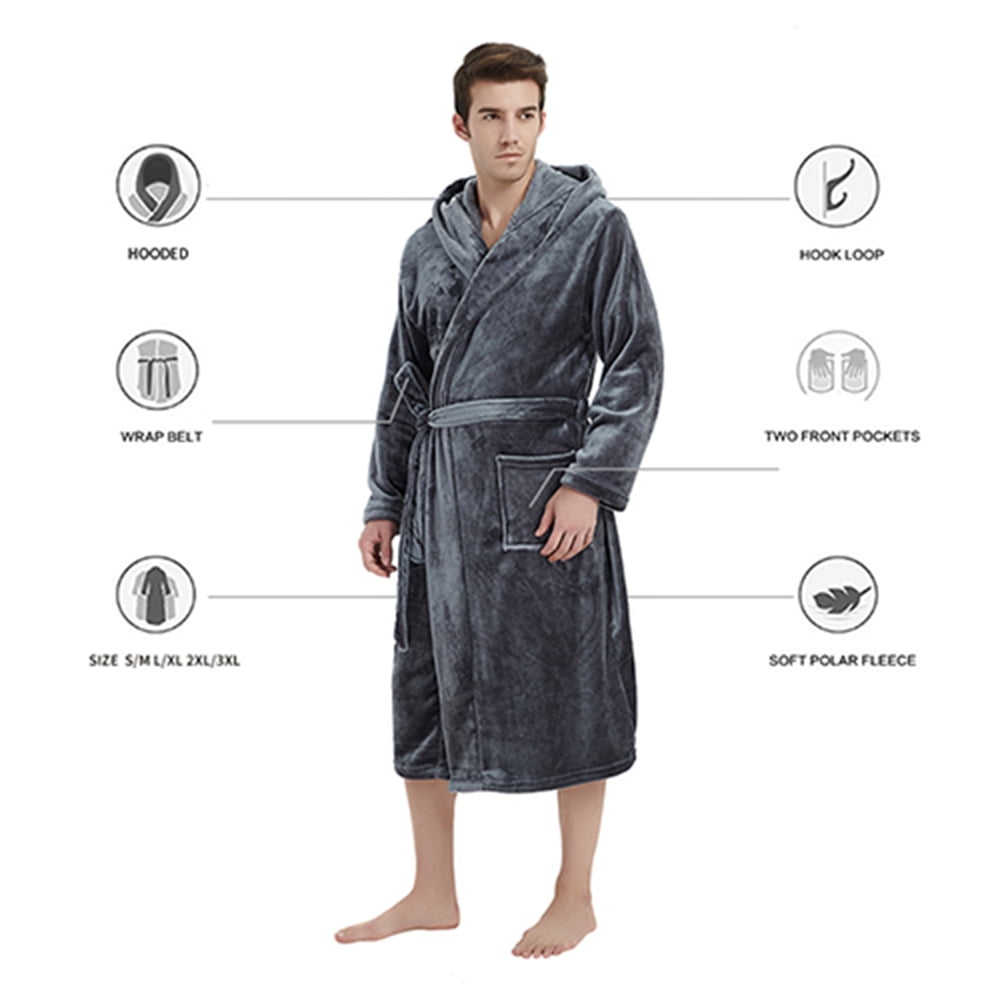Mens Hooded Robe, Plush Soft Warm Mid Length Fleece Bathrobe for Men (Dark Grey Hooded,L-XL)
