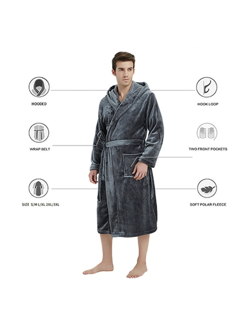 grey hooded dressing gown mens U2skiin Robe, Plush Soft Warm Mid Length Fleece Bathrobe for Men (Dark Hooded,S-M), Men's, Size: Small-Medium, Gray embroidered floral appliqués