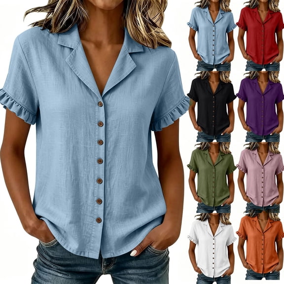 VBVC Women's Ruffle Short Sleeve Collared Shirt, Ladies' V-Neck Button Down Blouse, Casual Solid Color Summer Top For Women,Army Green,S-2XL