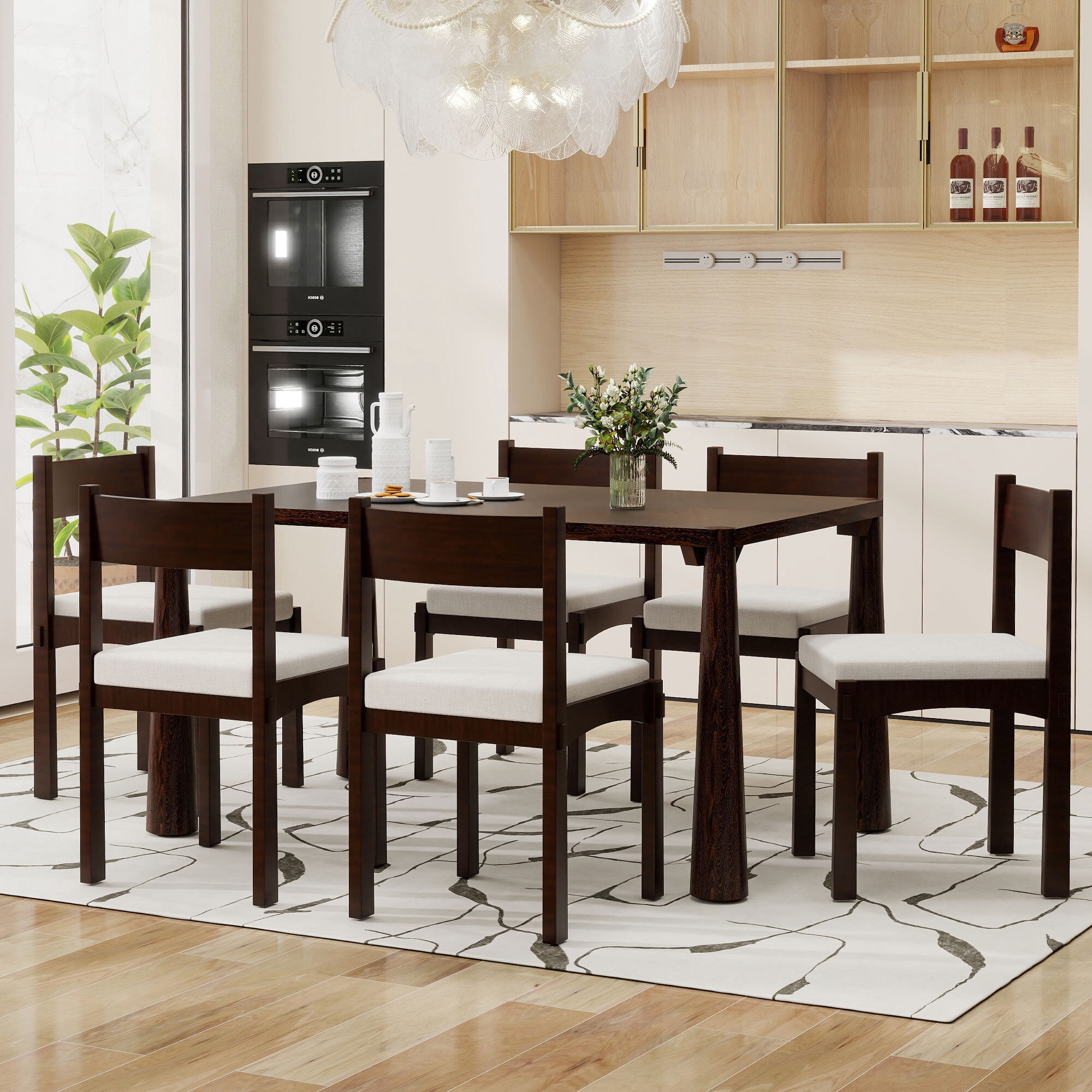 Euroco 7-Piece Farmhouse Dining Table Set with 6 Chairs,59.8" Kitchen Table & Chairs Set with Solid Wood Frame for 6,Perfect for Small Space,Espresso