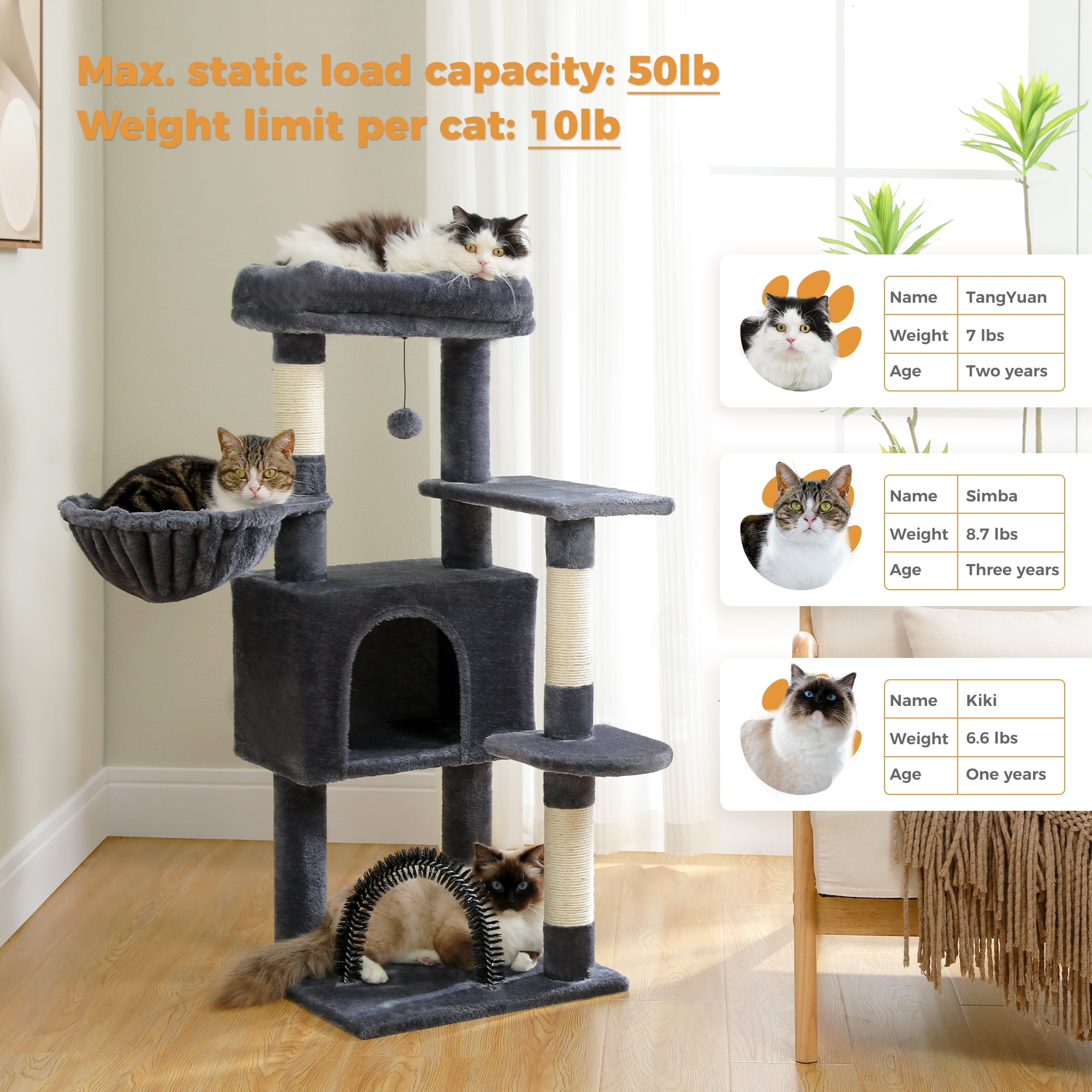 PAWZ Road 42" Cat Tree Condo With Large Perch Scratching Posts for Indoor Cats, Dark Gray