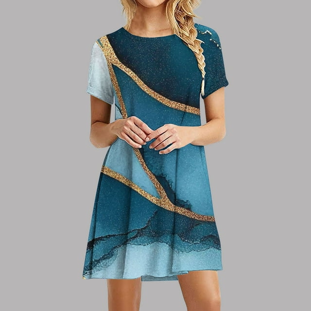 Liquidation d'Été Iumwxz Robe à Col Rond à Manches Courtes pour Femmes Tendance Ligne A Décontractée Plissée Robe Courte Robes à Imprimé Rayé Robes d'Été Décontractées pour Femmes Robe Confortable pour la Saint-Valentin